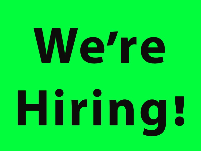 We're Hiring, with neon green background and black text